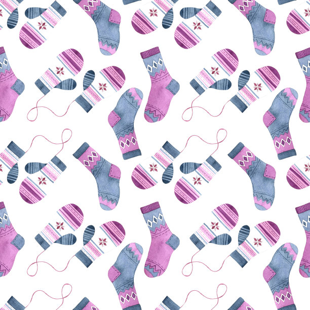 无缝图案与水彩手套和圣诞袜在白色的背景。木制衣服重复图案庆祝节日图片下载