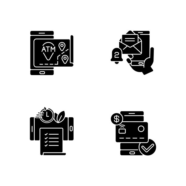 移动银行服务应用程序黑色字形图标设置在空白图片下载