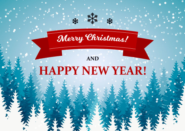 圣诞快乐，新年快乐，横向贺卡与美丽的冬季风景。蓝色的圣诞树景观与雪。矢量插图与手绘元素图片下载