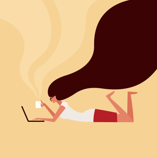 一个年轻女子使用笔记本电脑在家工作的插图图片下载