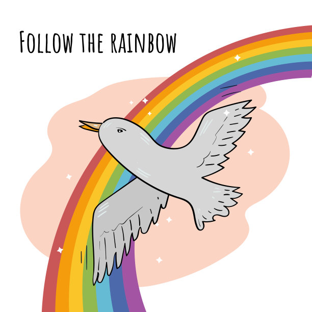 彩虹背景中的海鸥。矢量插图涂鸦。图片下载