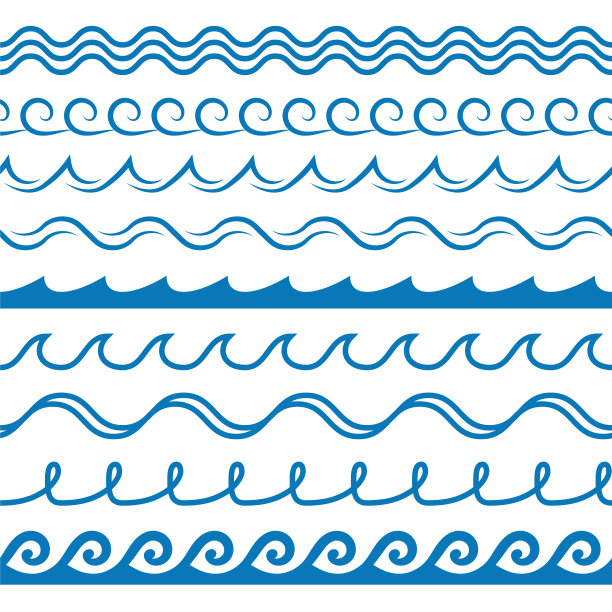 波帧。无缝海洋波浪图案，蓝线点缀，海浪装饰边框，弯曲漩涡水剪影设计纺织包装，壁纸矢量纹理上白色图片下载