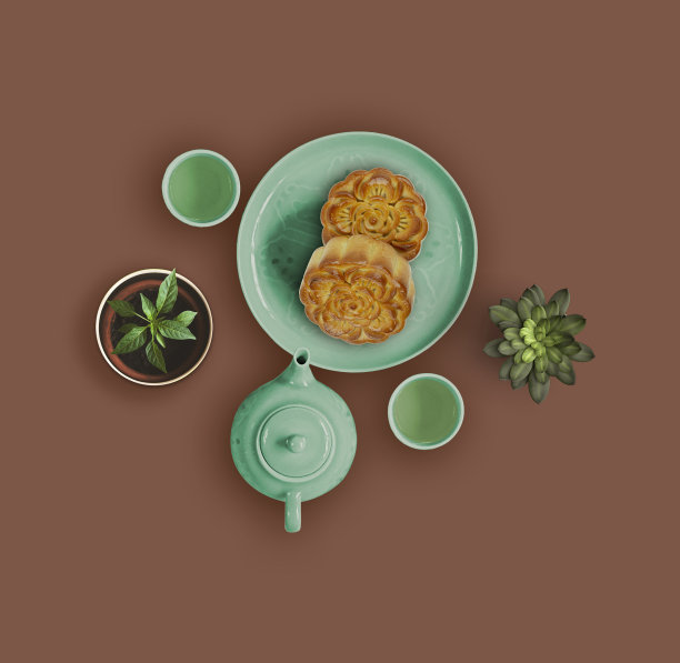 月饼、茶壶、植物、越南中秋节食品。图片下载