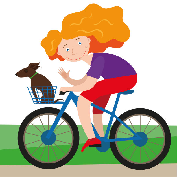 年轻女子骑着自行车，她的狗在自行车篮子里图片下载