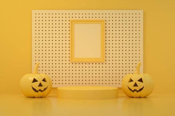 3D南瓜万圣节与幽灵的脸，杰克O'灯笼，黄色的背景图片下载