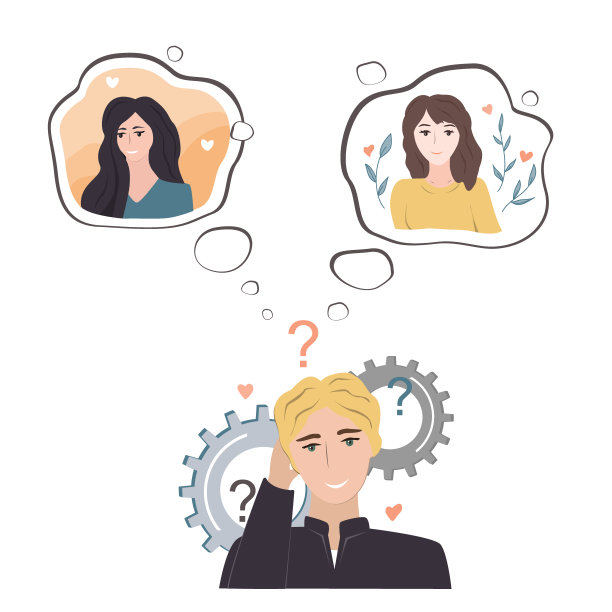犹豫不决的少年怀疑两个爱人。一个年轻人想着两个漂亮的女孩，想知道他喜欢哪一个。卡通矢量图图片下载