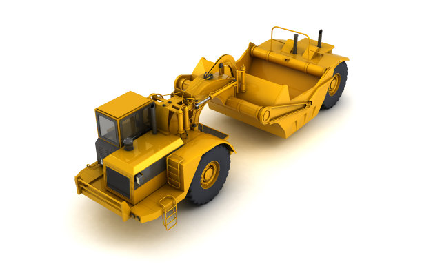 新的清洁车轮拖拉机铲运机隔离在白色背景。等距。前视图。从以上观点。三维渲染图片下载