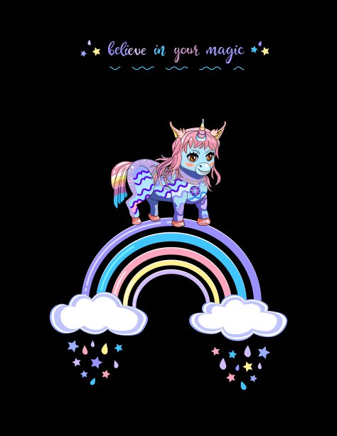 贺卡与彩虹，字母和婴儿独角兽在明亮的颜色孤立的黑色背景。向量图片下载