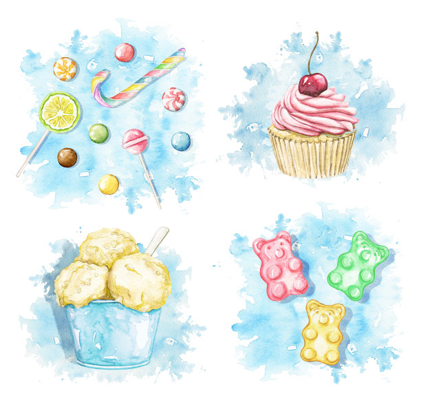 水彩设置与糖果在蓝色点背景图片下载