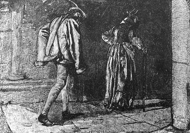 古董插图-男人跟随一个女人沿着一个黑色的石头走廊图片下载