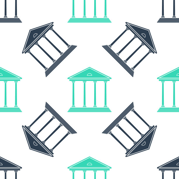 绿色法院大楼图标隔离无缝模式的白色背景。建造银行或博物馆。向量图片下载