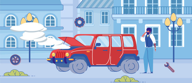 在城市街道上，一名男子和一辆开着引擎盖的破车图片下载