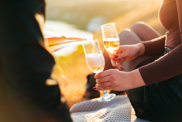 一张女孩们在野餐时手拿两杯香槟的照片图片下载