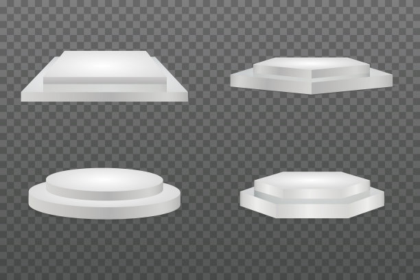 圆的讲台。陈列室基座，地板舞台平台矢量隔离模型。基座和平台，舞台，圆柱和方形图片下载