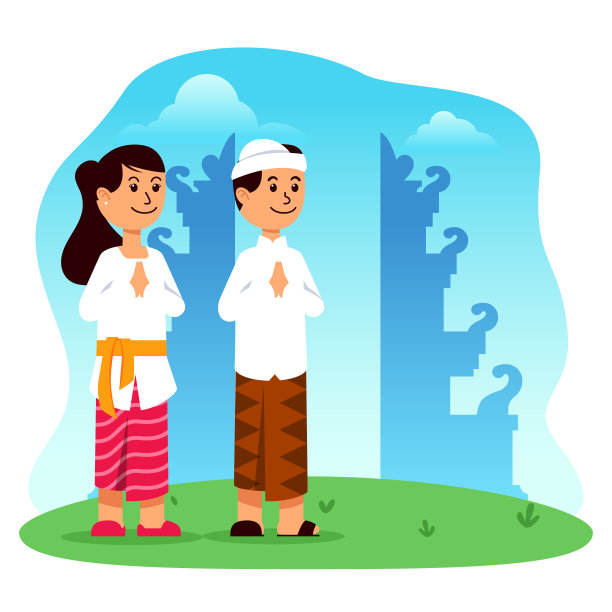 印度男孩和女孩卡通人物在寺庙门前图片下载