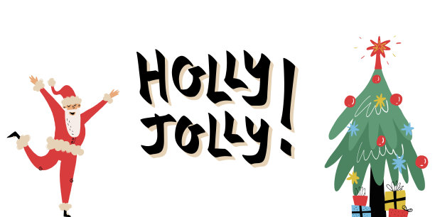 快乐跳舞的圣诞老人站在一只腿上，举起他的胳膊，霍莉Jolly字母和圣诞树上的礼物。可爱的矢量问候横幅。手绘矢量孤立插图。图片下载
