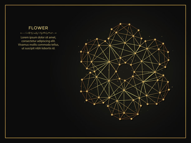 花象征金色抽象插图在黑暗的背景。几何形状多边形模板由线和点。图片下载