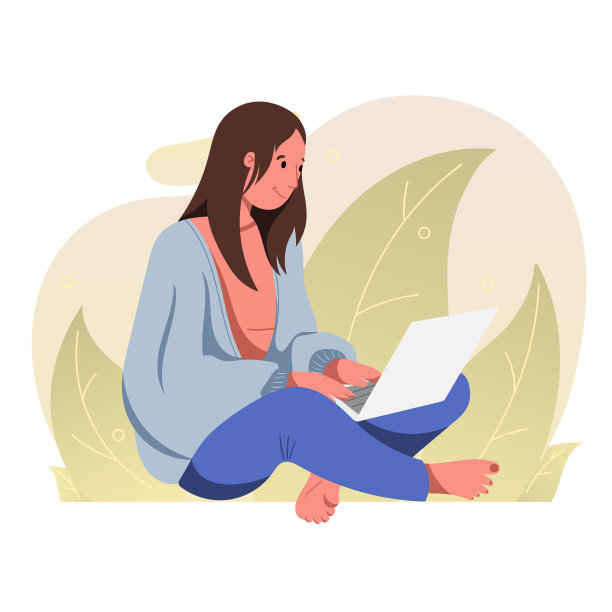 矢量平面插图。女人坐在笔记本电脑前。新常态，通过视频链接与家人和朋友见面。带有树叶的抽象背景。图片下载