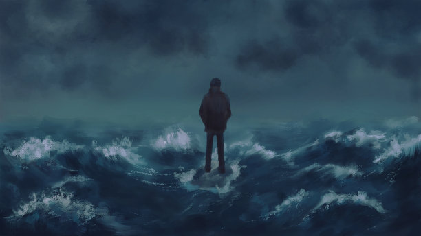 在海浪和恶劣天气中站在岩石上的人，数字艺术，插图绘画图片下载