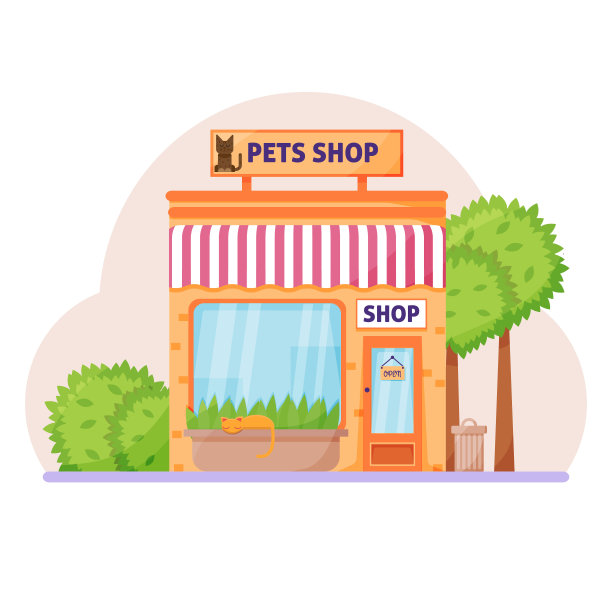 门面宠物或动物园商店。窗上有猫、雨篷和标志的招牌。概念店前设计横幅或宣传册。平面设计。。矢量图图片下载