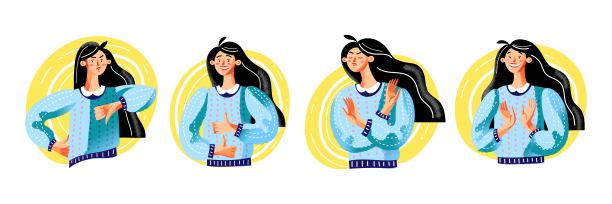 有积极和消极情绪的女孩。女人会竖起或放下大拇指，就像，好吧，不，停下。收集手势表情。矢量字符说明通信。图片下载