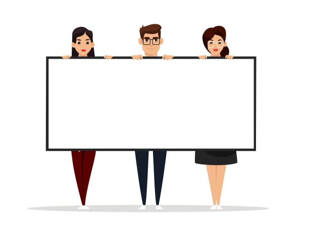 商人和妇女举着空白的旗帜。有白色公告板的专业人士。海报在手，复制空间矢量插图。年轻成功的工人与广告牌图片下载