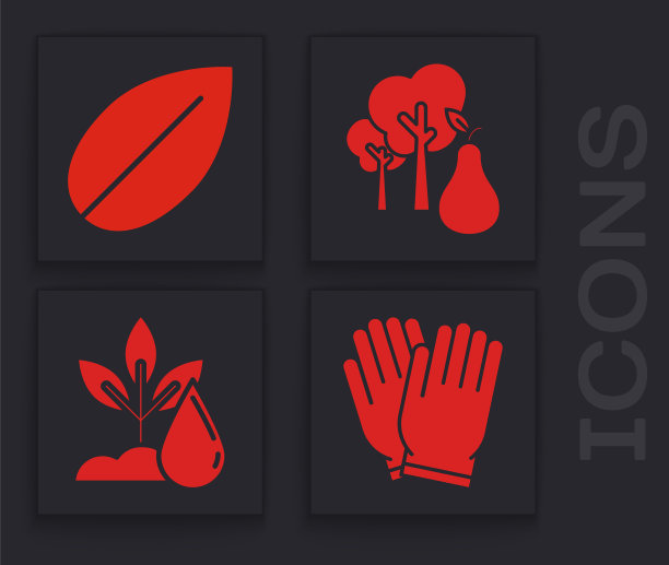 设置花园手套，叶子，树与梨和浇水植物图标。向量图片下载