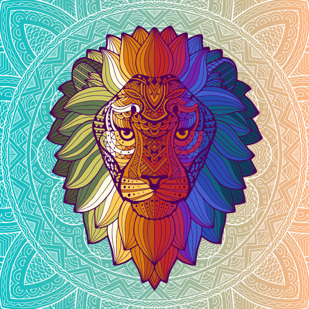 矢量颜色狮子插图。狮子。摘要，多彩绘狮头侧面人像的背景纹饰风格。狮子插画，创意设计，色彩鲜艳图片下载
