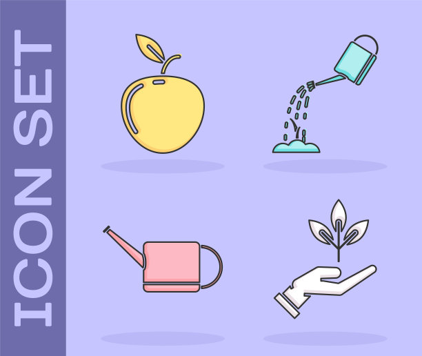 设置环保植物在手，苹果，喷壶，喷壶有水的图标。向量图片下载
