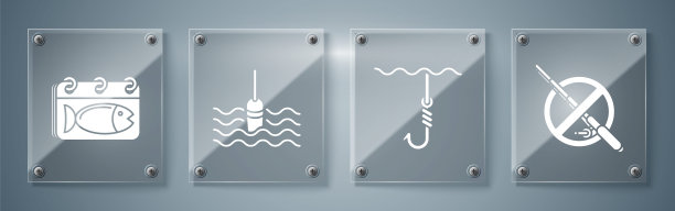 设无钓，钓钩在水下，钓浮子在水中，历带鱼。方形玻璃面板。向量图片下载