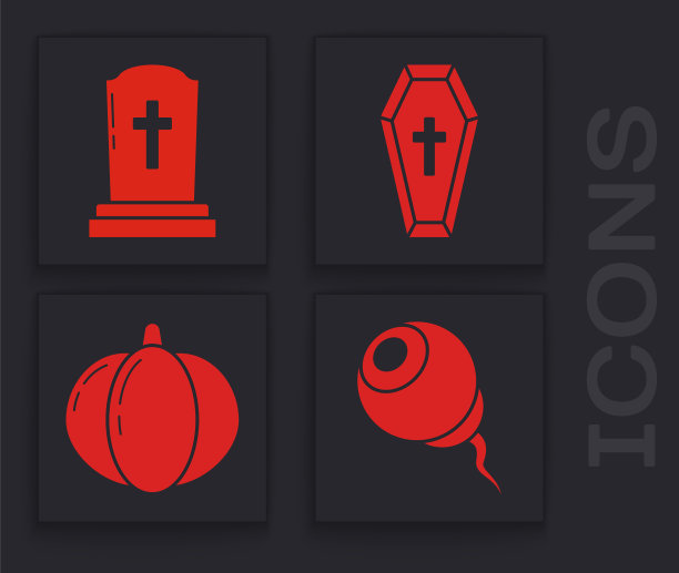 Set Eye，墓碑与十字架，棺材与基督教十字架和南瓜图标。向量图片下载