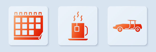 集茶杯茶袋，日历和汽车。白色正方形按钮。向量图片下载