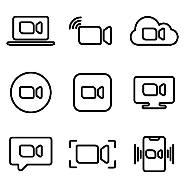 一组直播流媒体图标。网络研讨会、广播、在线流的线符号和按钮。远程会议电视视频会议或远程工作。股票矢量图图片下载