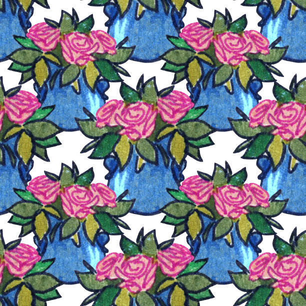 无缝模式与花束粉红色花在花盆。手绘多色标记艺术创意花卉背景图片下载