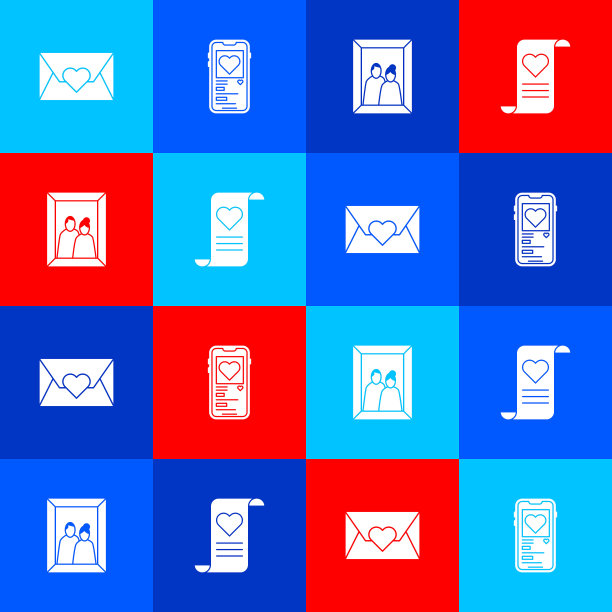 信封装上情人节爱心、手机、相框和图标。向量图片下载