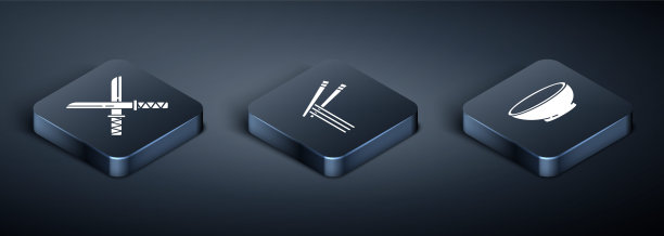 传统日本武士刀，一碗热汤，亚洲面条和筷子图标。向量图片下载