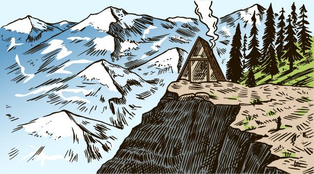 山景观背景。冬季高山的山峰和小屋。葡萄山和山谷。旅行的概念。户外海报、登山横幅、标志或徽章的手绘雕刻草图图片下载