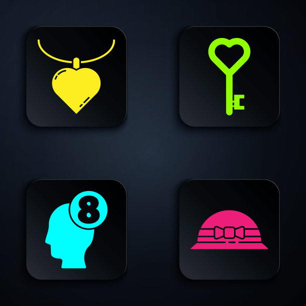 套装优雅的女士帽，心形项链吊坠，3月8日的人头和心形钥匙。黑色方形按钮。向量图片下载