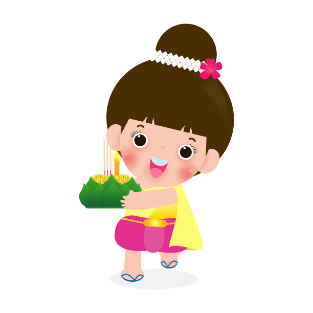 Loy Krathong Festival with cute little girl in Thai national costume holding Krathong isolated on white background庆祝和泰国文化概念，卡通noppamas矢量插图图片下载