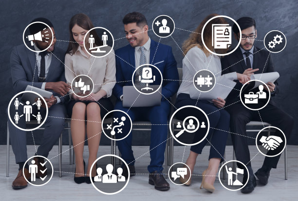 一群等待面试的人，灰色背景，拼贴图片下载