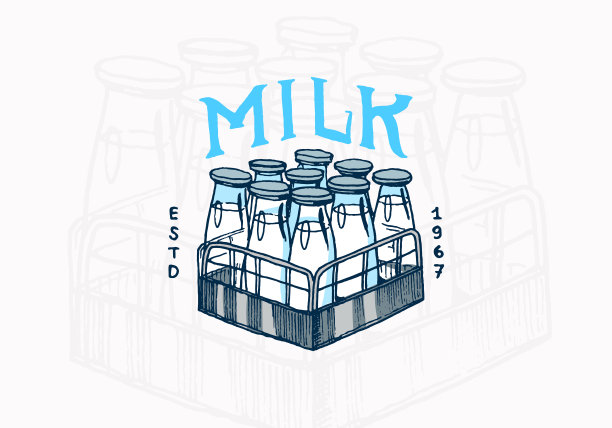 牛奶标签。古董瓶标志的商店。t恤的农场徽章。手绘雕刻素描。矢量图图片下载