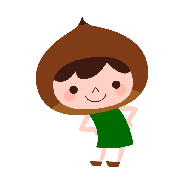 栗的性格。插图一个孩子快乐地跳舞与蔬菜栗子的帽子。图片下载