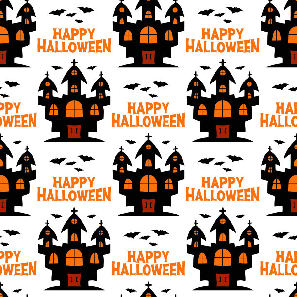 有蝙蝠的女巫城堡。万圣节无缝模式。孤立在白色背景上。矢量插图。图片下载