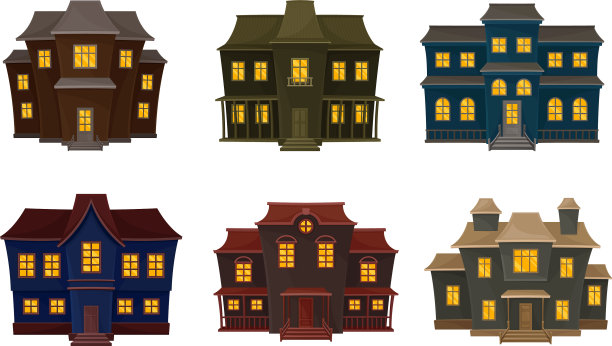 昏暗的房子里有闪亮的黄色窗户图片下载