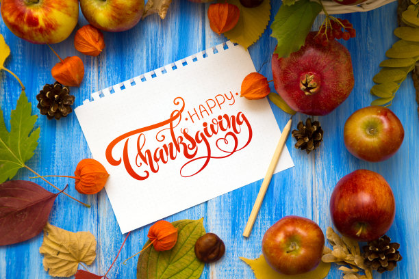 感恩节——字母。秋天明亮的背景。花朵，树叶和水果在一个蓝色的木制背景。背景为秋季假期和感恩节。图片下载