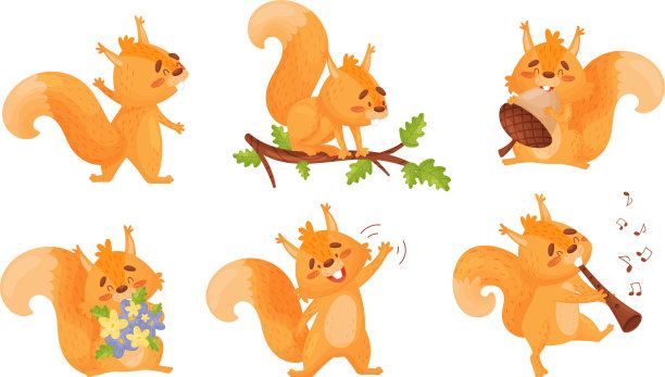 毛茸茸的橙色松鼠角色吹长笛和图片下载