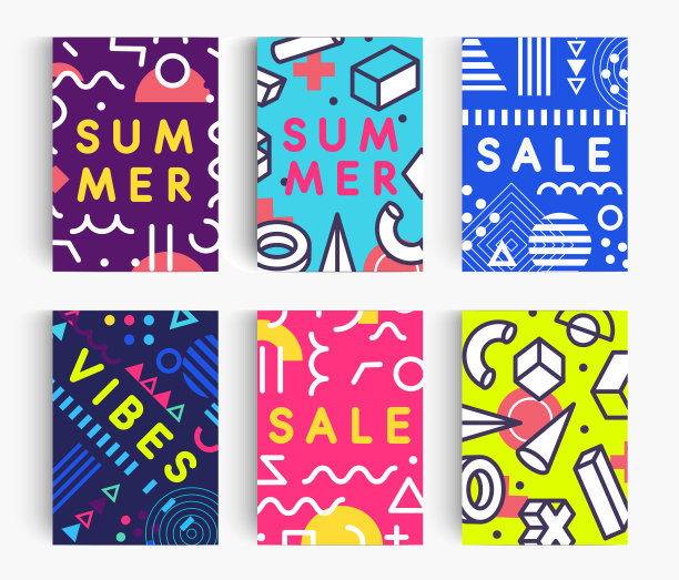设定夏季海报明亮的孟菲斯几何图片下载