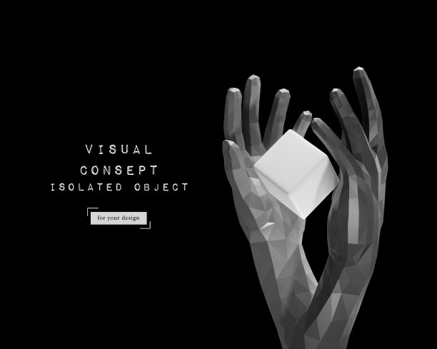 两只手由三角形组成，手中握着一个孤立在黑色背景上的立方体。黑白3d插图。元素的概念设计，布局，横幅。图片下载