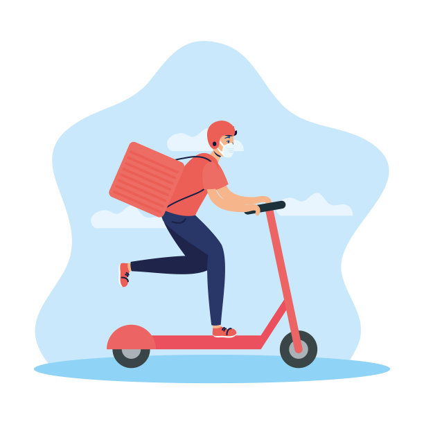 在滑板上戴面罩的快递员图片下载