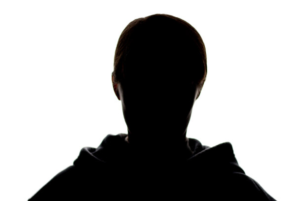 白色背景上女性的黑色剪影，正面的视角，匿名的概念图片下载